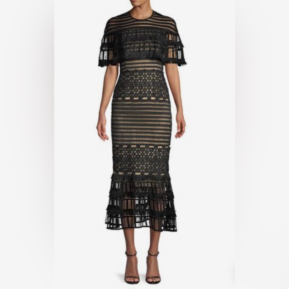 Lela Rose Flounce Hem Caplet Fringe Crochet Lace Black Dress size 6 NWOT $1895
